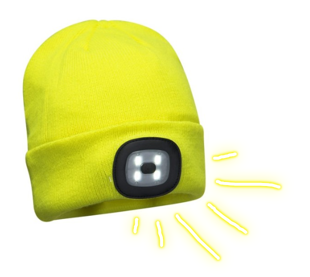 Imagen del gorro con LED recargable B029 en color amarillo.