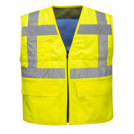Chaleco refrescante de alta visibilidad CV02 en amarillo de señalización con bandas reflectantes. Hay un enlace a la página del artículo.