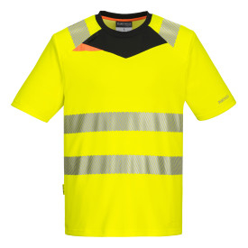 Camiseta DX4 de alta visibilidad M/C DX413 en amarillo y negro con cinta reflectante segmentada. Hay un enlace a la p&aacute;gina del art&iacute;culo.