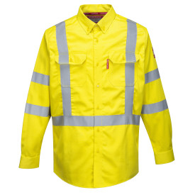 Camisa de alta visibilidad y resistente a la llama Bizflame 88/12 FR95 en amarillo con bandas reflectantes. Hay un enlace a la p&aacute;gina del art&iacute;culo.