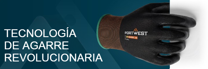 Banner azul con un guante negro y un titular blanco: Tecnolog&iacute;a de agarre evolutiva.
