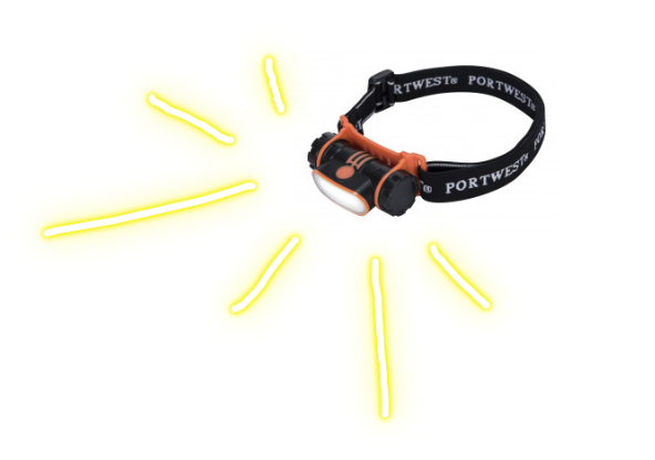 Imagen de la linterna frontal LED recargable por USB PA70 en negro y naranja.