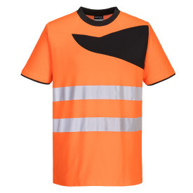 Camiseta de alta visibilidad PW2 de manga corta PW213 en naranja y negro con bandas reflectantes. Hay un enlace a la p&aacute;gina del art&iacute;culo.