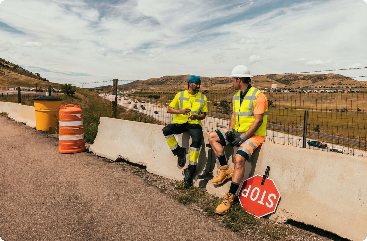 Dos trabajadores están sentados sobre una barrera de hormigón junto a la carretera. Llevan ropa corta de alta visibilidad y chalecos refrigerantes. Al fondo se ve un paisaje montañoso árido y un cielo azul con nubes. Hay un enlace a nuestros chalecos refrigerantes.