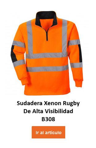 Camiseta rugby de alta visibilidad Xenon B308 en color naranja con detalles en azul y franjas reflectantes. Se proporciona un enlace a la página del artículo.