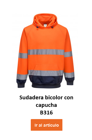 Sudadera con capucha bicolor B316 en color naranja con detalles en azul y rayas reflectantes. Se proporciona un enlace a la página del artículo.