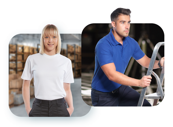 Imagen de una mujer rubia con un corte de pelo estilo paje, con una camiseta blanca y pantalones negros, frente a un almacén de paquetería, y una imagen de un hombre moreno con un polo azul y pantalones azules, subido a una escalera.