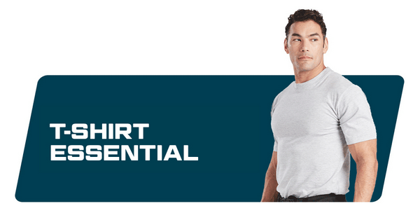 Banner azul con el texto "Essential T-Shirts" y la imagen de un hombre moreno con una camiseta blanca.