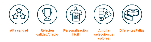 Barra de herramientas con pictogramas que representan alta calidad, buena relación calidad-precio, fácil personalización de marca, una amplia gama de colores y varias tallas.