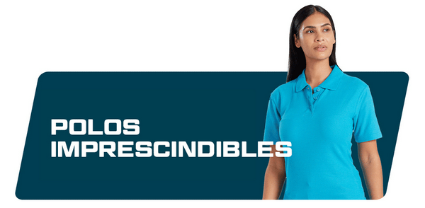 Bandera azul con el texto "Polos Essential" y la imagen de una mujer morena con un polo color aguamarina.