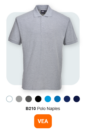 Imagen del polo B210 Naples para hombre en gris sobre fondo gris claro con esquinas redondeadas. Se incluye un enlace al artículo.