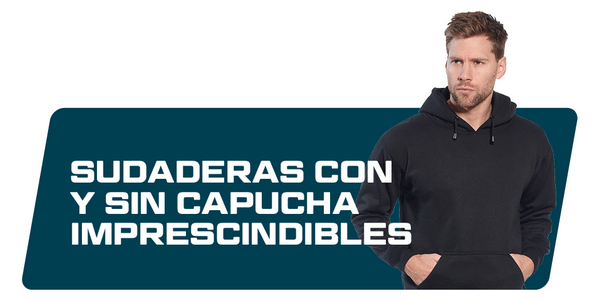 Bandera azul con el texto "Sudaderas y sudaderas Essential" sobre la imagen de un hombre moreno con una sudadera negra con capucha.