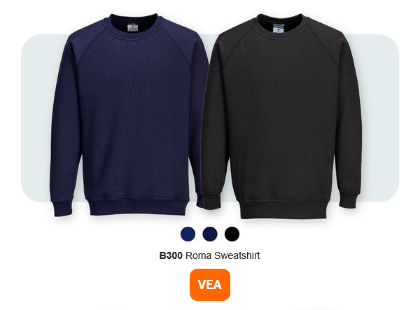 Imagen de la sudadera B300 Roma en dos versiones: azul oscuro y negra sobre fondo gris claro con esquinas redondeadas. Se proporciona un enlace al artículo.
