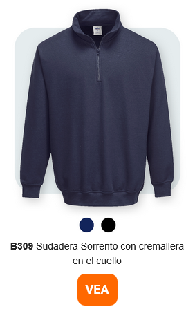 Imagen de la sudadera B309 Sorrento con cremallera en azul sobre fondo gris claro con esquinas redondeadas. Se proporciona un enlace al artículo.