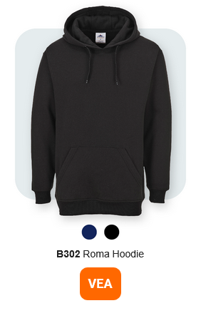 Imagen de la sudadera B302 Roma con capucha en negro sobre fondo gris claro con esquinas redondeadas. Se proporciona un enlace al artículo.