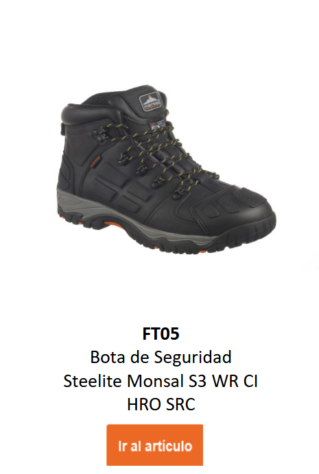 Imagen de la bota de seguridad Steelite Monsal S3 WR CI HRO SRC FT05 en negro con detalles grises. Contiene un enlace al artículo.