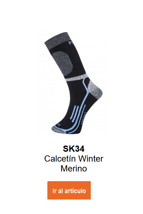 Imagen de los calcetines de invierno de merino SK34 en negro con detalles grises y azules. Contiene un enlace al artículo.