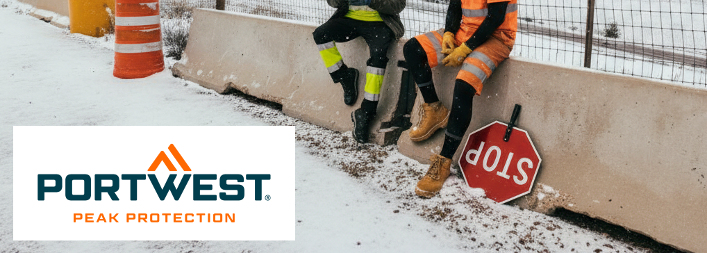 Dos trabajadores están sentados en una barrera de hormigón. Una señal de stop se apoya contra ellos, y al fondo se ven conos de tráfico y una zona nevada. El logotipo del fabricante, Portwest, en naranja y azul sobre fondo blanco, se encuentra en la esquina inferior izquierda.