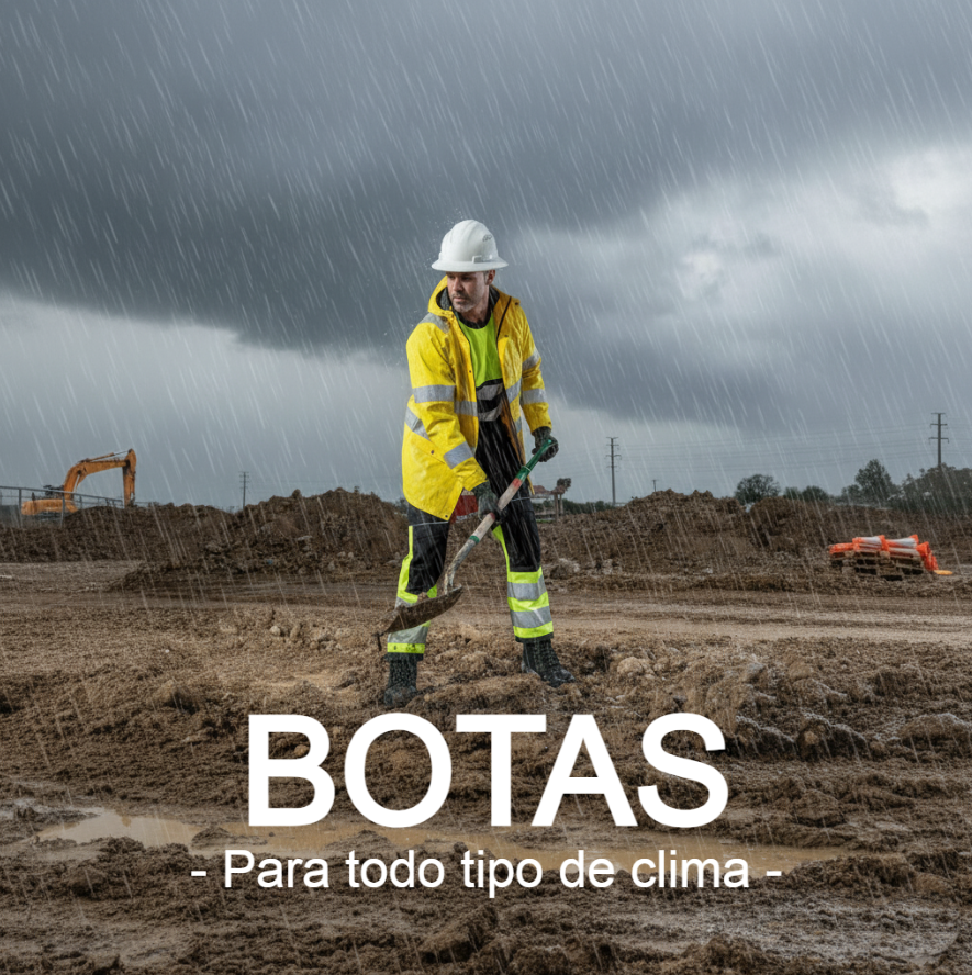 Hombre trabajando con una pala en una obra embarrada. Lleva ropa de alta visibilidad amarilla y botas de invierno. En el borde inferior de la imagen aparece el texto 'Botas - para cualquier clima'.