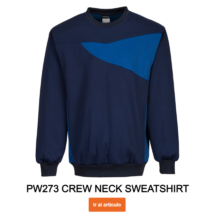 Imagen de ejemplo de la sudadera de cuello redondo PW273 en color azul-marino con enlace al artículo.