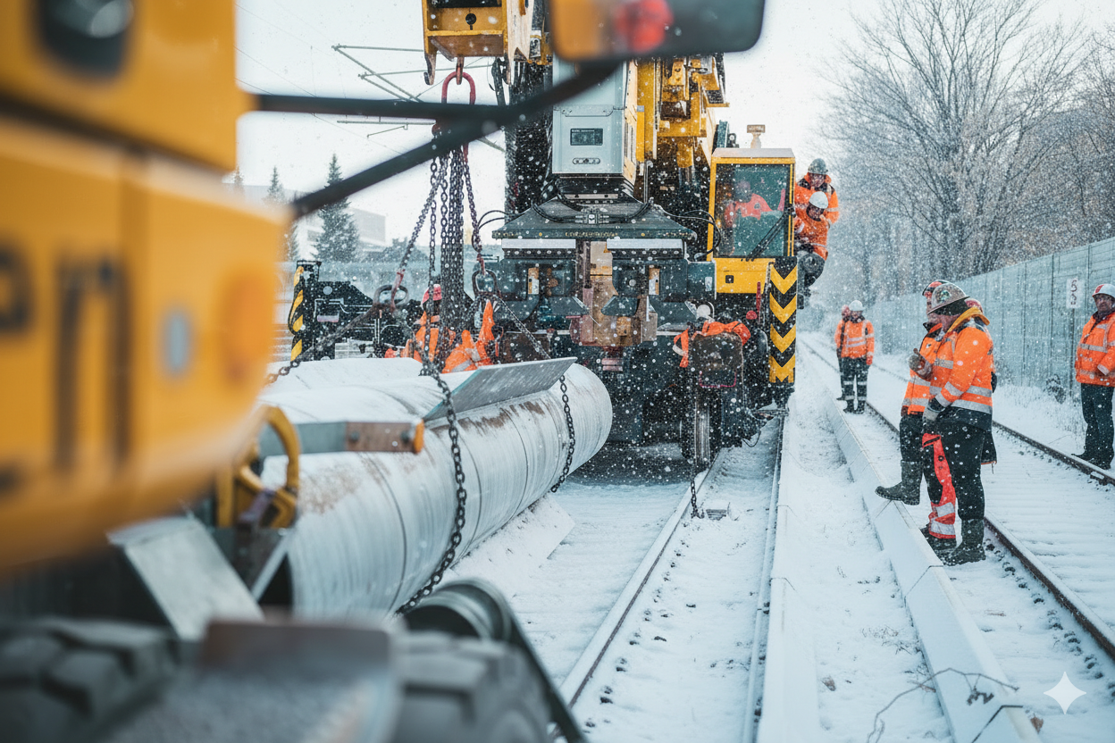 Una obra cubierta de nieve a lo largo de una v&iacute;a f&eacute;rrea. Una excavadora sobre ra&iacute;les transporta grandes tuber&iacute;as. Junto a la excavadora hay varios trabajadores con ropa de trabajo de invierno de alta visibilidad en color naranja. En el lado derecho de la imagen se observa una valla cubierta de nieve y &aacute;rboles desnudos y nevados.