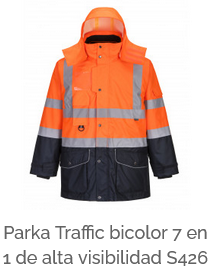 Chaqueta de tráfico contraste 7 en 1 de alta visibilidad impermeable y transpirable S426 en color naranja y azul con rayas flúor y enlace al artículo.