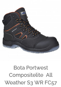 Botas Portwest Compositelite All Weather S3 WR FC57 en color negro con detalles en naranja y enlace al artículo.