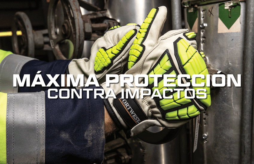 Detalle de guantes anti-impacto amarillos de alta visibilidad con enlace a nuestra colección completa de guantes resistentes a impacto.