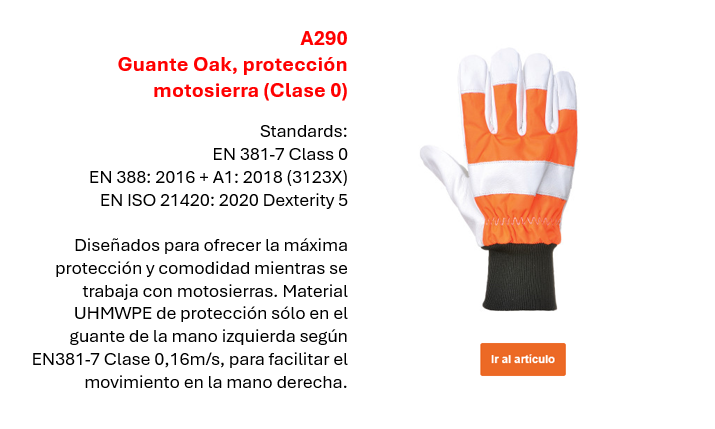 Imagen del guante de motosierra A290 en naranja con detalles blancos y negros, con una breve descripción de las propiedades y normas europeas disponibles en la página del producto. Enlace incluido.