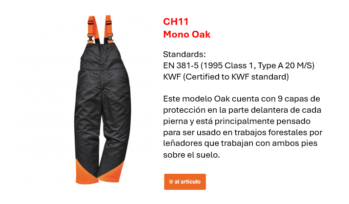 Imagen del pantalón CH11 Oak en negro con detalles naranjas, con una breve descripción de las propiedades y normas europeas disponibles en la página del producto. Enlace incluido.