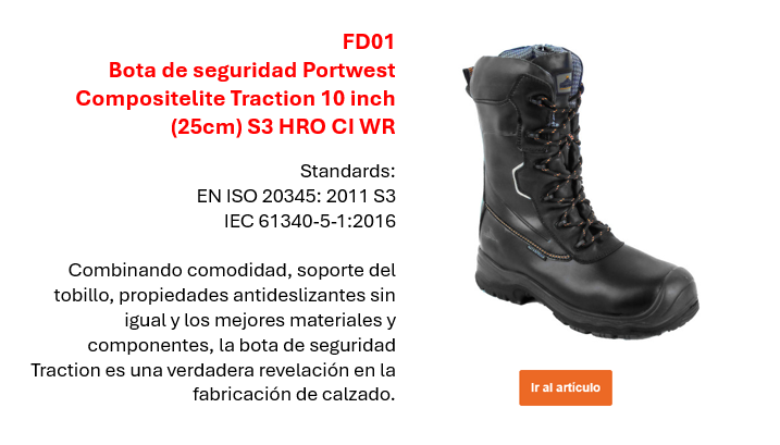 Imagen de la bota de seguridad Portwest Compositelite Traction FD01 en negro, con una breve descripción de las propiedades y normas europeas disponibles en la página del producto. Enlace incluido.