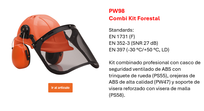 Imagen del set combinado forestal PW98 en naranja con detalles negros, con una breve descripción de las propiedades y normas europeas disponibles en la página del producto. Enlace incluido.