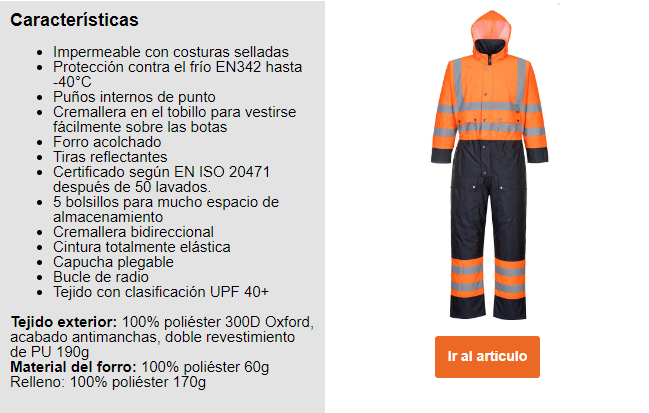 Imagen de ejemplo del mono de contraste Hi-Vis S485 en negro y naranja con rayas reflectantes y un enlace al artículo, así como una lista de las características del mono.