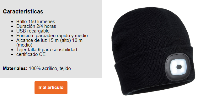 Gorro con LED recargable B029 Cálido y cómodo gorro confeccionado en tejido acrílico con luz frontal LED extraíble para una mejor visibilidad en condiciones de poca luz.