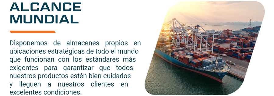 Imagen de un buque portacontenedores en el puerto junto con una descripción del alcance global de Portwest.