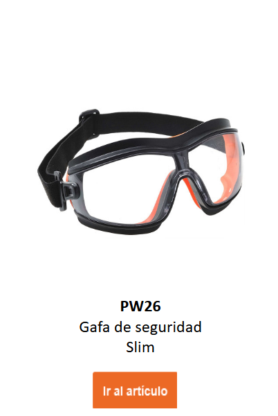 Imagen de las gafas panorámicas Slim Safety PW26 en negro con detalles naranjas. Enlace a la página del artículo incluido.