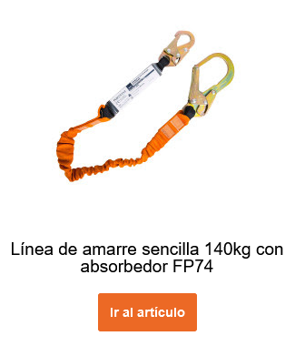 Elemento de amarre elástico de 1,8m con amortiguador de energía hasta 140kg FP74 en color naranja. Hay un enlace que lleva a la página del artículo.