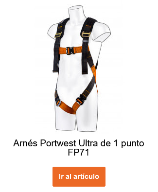 Arnés Portwest Ultra de 1 punto FP71 en color naranja-negro con enlace al artículo.