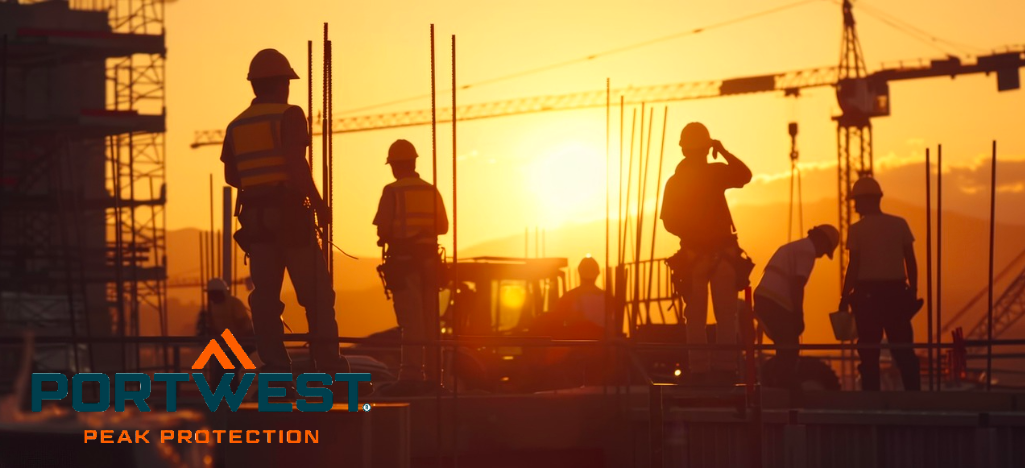 Obra en construcción con grúa, andamios y varios trabajadores vestidos con ropa corta de trabajo de verano. Al fondo se puede ver la puesta de sol. Todo está bañado de luz naranja. En la esquina inferior izquierda de la imagen se encuentra el logotipo del fabricante Portwest en letras azules y naranjas.