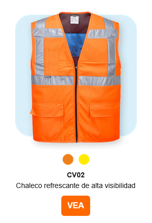 Imagen del chaleco refrigerante de alta visibilidad CV02 en color naranja con franjas reflectantes. Se proporciona un enlace a la página del artículo.