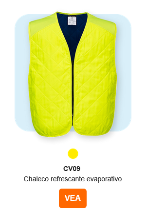 Imagen del chaleco evaporativo de enfriamiento CV09 en amarillo. Se proporciona un enlace a la página del artículo.