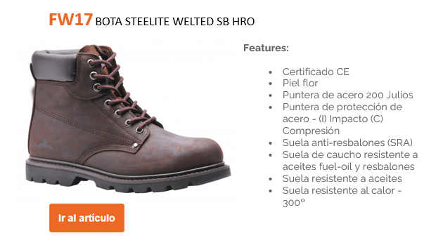 Imagen de ejemplo de la bota de seguridad con ribete Steelite SB HRO FW17 fabricada en cuero nobuck marrón junto con una lista de las características del artículo y un botón naranja con un enlace al artículo.