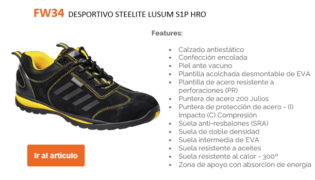 Imagen de ejemplo del calzado de seguridad Steelite Lusum S1P HRO FW34 en negro y amarillo con una lista de características y un botón naranja que lo lleva a la página del artículo del calzado a través del enlace provisto.
