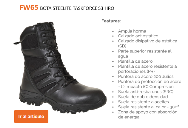 Imagen de ejemplo de la bota Steelite Task Force S3 HRO FW65 en negro junto con una lista de características y un botón naranja que conduce a la página del artículo de la bota.