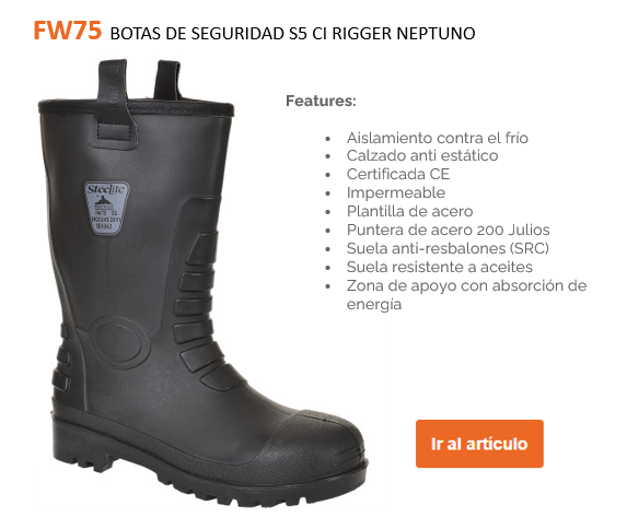 Imagen de ejemplo del zapato de seguridad S5 Neptune Rigger CI FW75 en negro junto con una lista de las propiedades del artículo y un botón en naranja que redirige a la página del artículo.