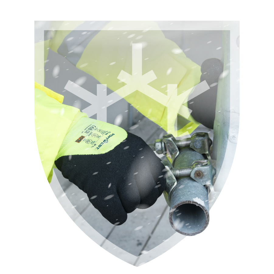 Guantes amarillos de protección contra el calor utilizados en la construcción de andamios. Un copo de nieve estilizado simboliza el frío. Enlace proporcionado a nuestra colección de guantes de invierno.