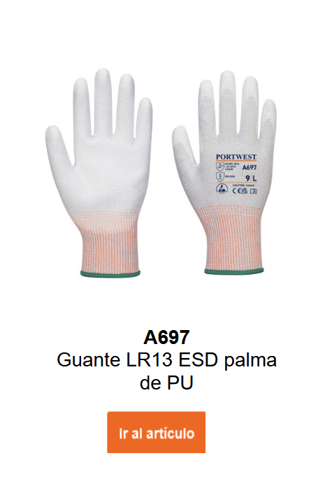 Imagen de los guantes LR13 ESD PU A697 en blanco y gris claro con detalles naranjas y puños verdes. Enlace a la página del producto disponible.