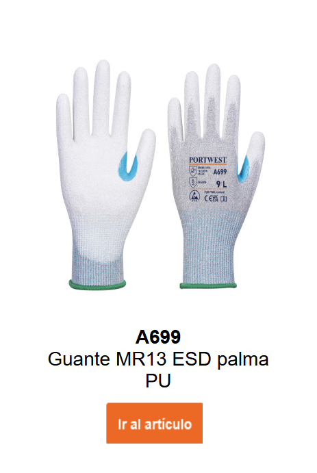 Imagen de los guantes MR13 ESD PU A699 en blanco y gris con detalles azules y puños verdes. Enlace a la página del producto disponible.