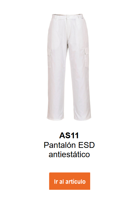 Imagen del pantalón ESD antiestático AS11 en blanco con enlace a la página del producto.