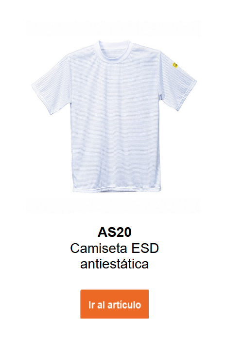 Imagen de la camiseta ESD antiestática AS20 en blanco con enlace a la página del producto.